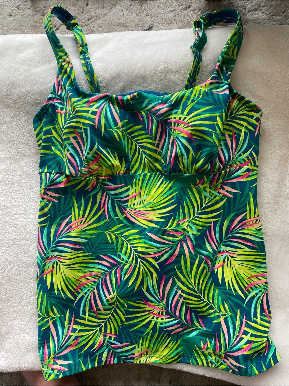 Lands' End Teal Tropical Leaf Tankini Top with Neon Green and Pink Accents